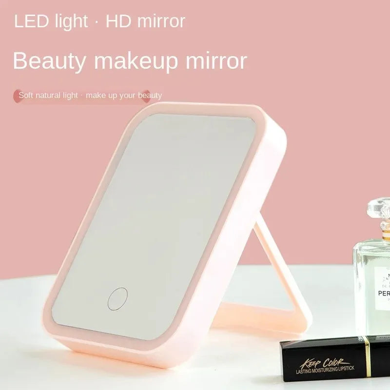 Portable Folding Lighted Makeup Mirror - Rechargeable LED, Tabletop Vanity Mirror,