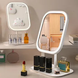 Portable Folding Lighted Makeup Mirror - Rechargeable LED, Tabletop Vanity Mirror,