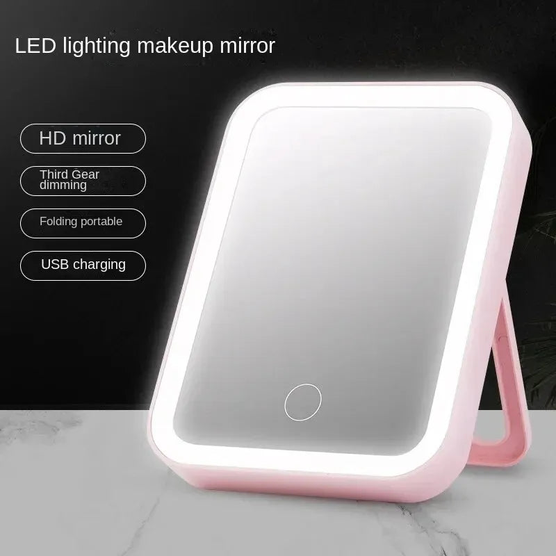 Portable Folding Lighted Makeup Mirror - Rechargeable LED, Tabletop Vanity Mirror,
