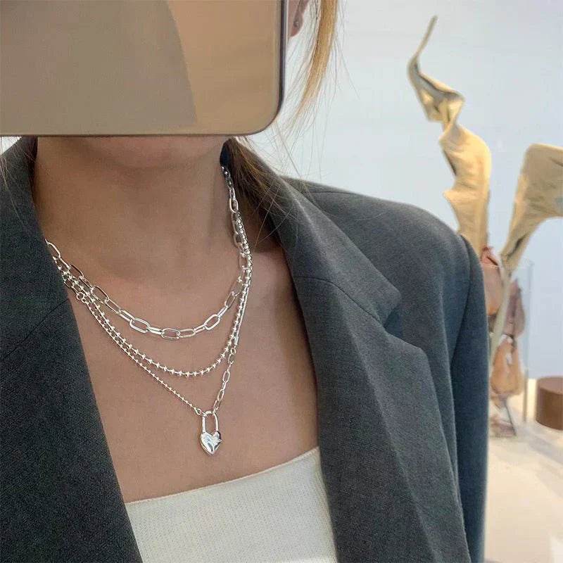 Women's Double-Layer Chain Heart-Shape Lock Necklace S925 Sterling Silver